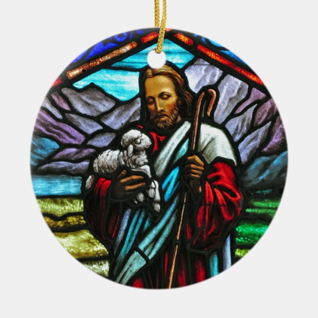 Stained glass image of Jesus and lambs Ceramic Ornament (Front)