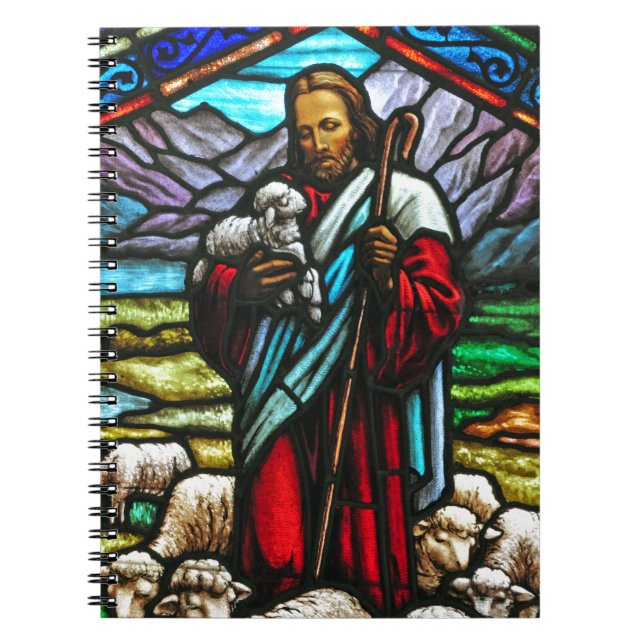 Stained glass image of Jesus and lambs Notebook (Front)