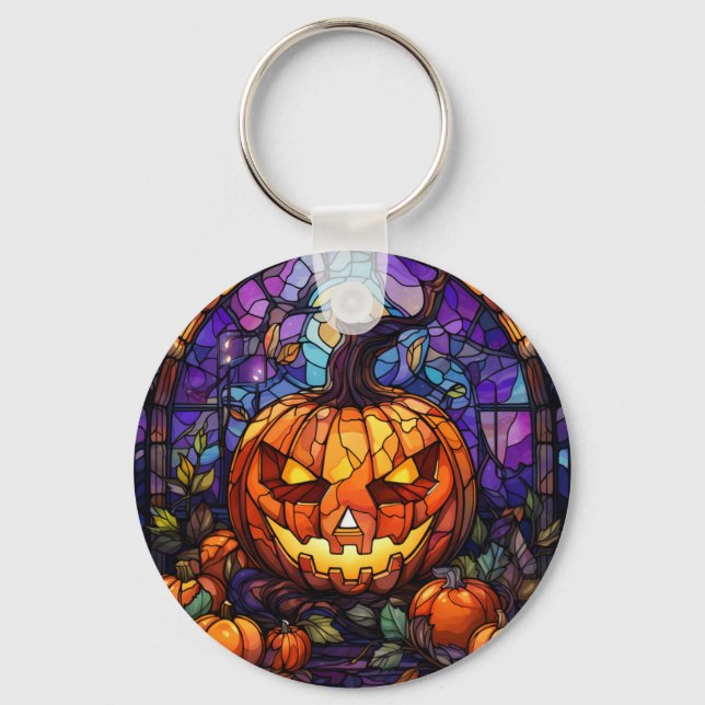 Stained Glass Jack-o'-Lantern: Spooky Elegance Keychain (Front)