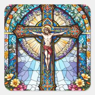 Stained Glass Jesus on Cross with Flowers Square Sticker