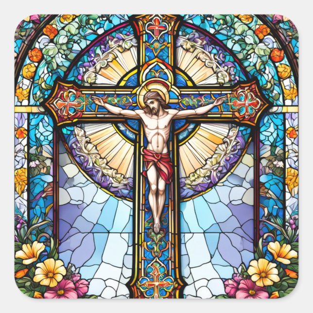 Stained Glass Jesus on Cross with Flowers Square Sticker (Front)
