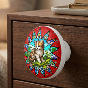Stained Glass Kitten Floral Ceramic Knob