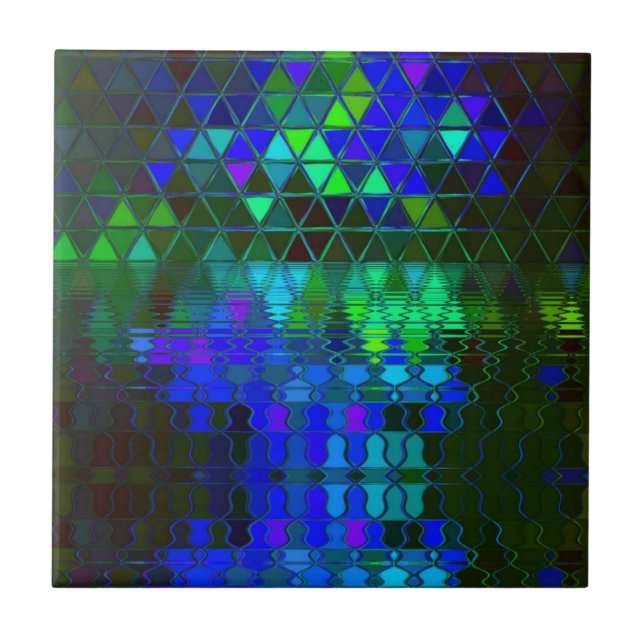 Stained Glass Lake Landscape Fantasy Blue Tile (Front)
