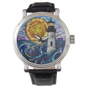 Stained Glass Lighthouse Ocean Sunset Watch