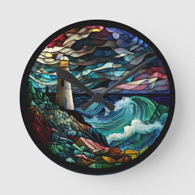 Stained Glass Lighthouse Round Clock (Front)