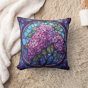 Stained Glass Lilac Blossoms Throw Pillow