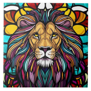 Stained Glass Lion Illustration Tile
