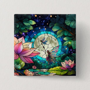 Stained Glass Little Fairy With Dragonfly 2 Inch Square Button