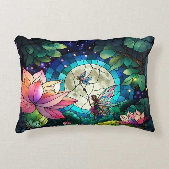 Stained Glass Little Fairy With Dragonfly Accent Pillow (Front)