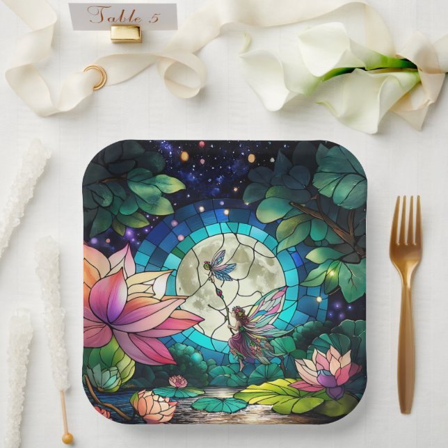 Stained Glass Little Fairy With Dragonfly Paper Plate (Wedding)