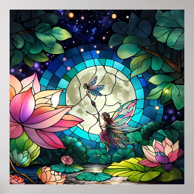 Stained Glass Little Fairy With Dragonfly Poster (Front)