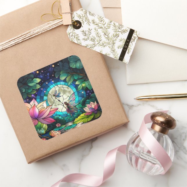 Stained Glass Little Fairy With Dragonfly Square Sticker (Gifting)