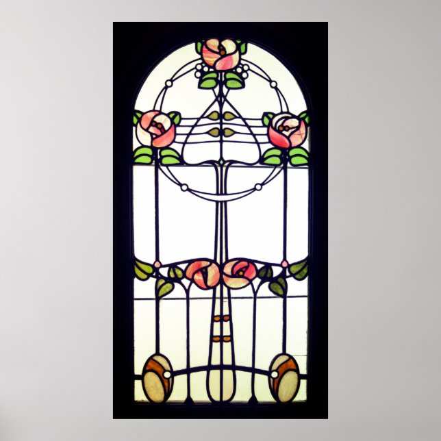 Stained glass look art nouveau floral window poster (Front)