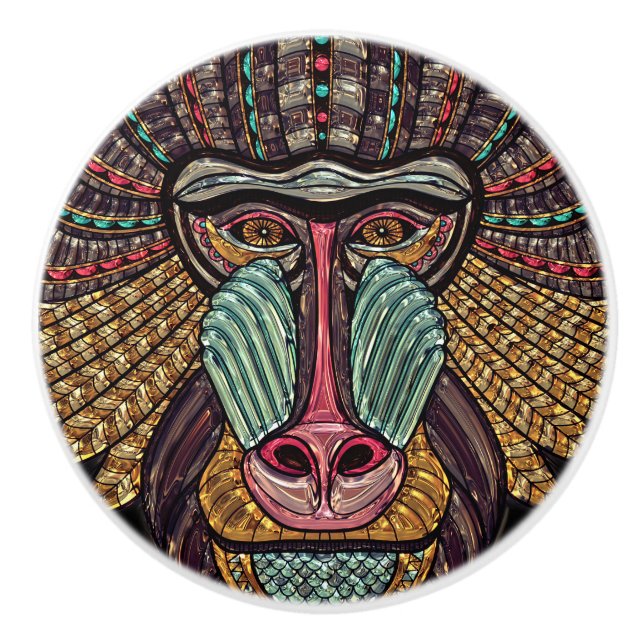 Stained glass look baboon animal african art ceramic knob (Front)