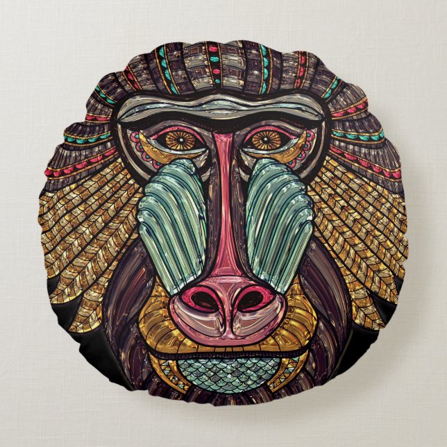 Stained glass look baboon animal african art round pillow (Front)