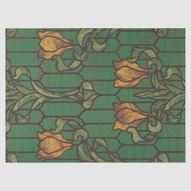 Stained glass look floral art nouveau green orange tissue paper (Front)
