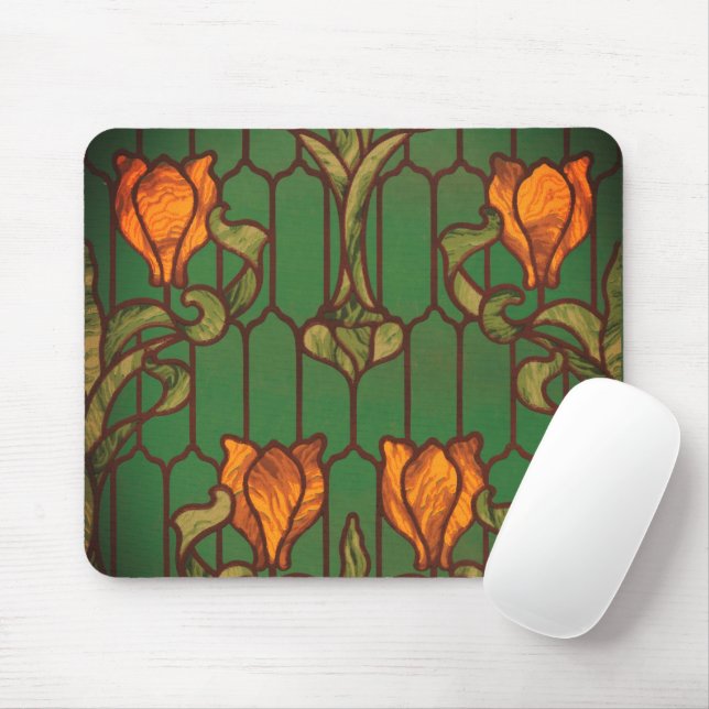 Stained glass look floral art nouveau orange green mouse pad (With Mouse)