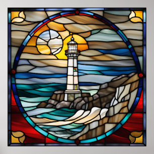 Stained Glass Look Lighthouse Downloadable Design Poster
