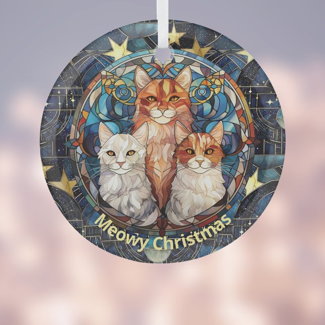 Stained Glass Look Meowy Christmas Cats on Blue Glass Ornament (Creator Uploaded)
