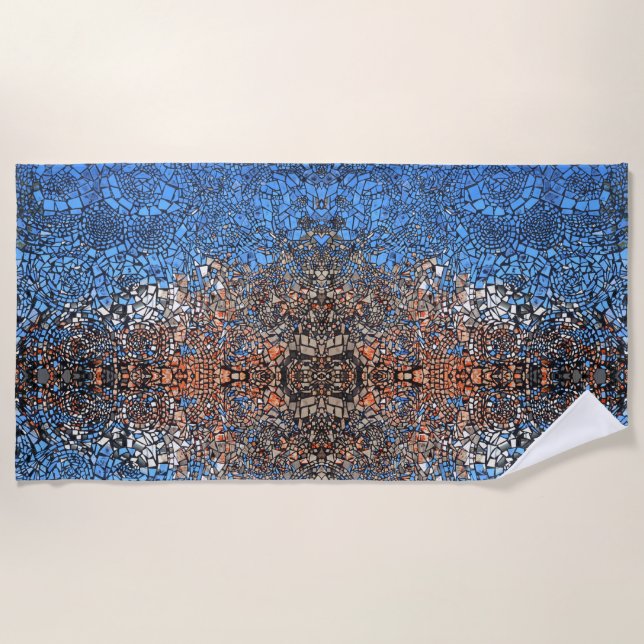 Stained Glass look mosaic abstract blue brown Beach Towel (Front)