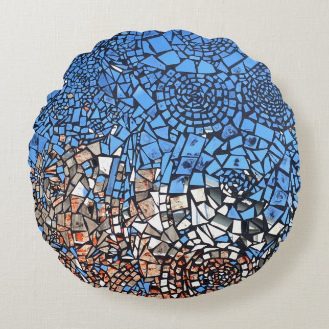Stained Glass look mosaic abstract blue brown  Round Pillow (Front)