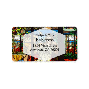 Stained glass look with lady sitting. label