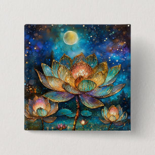 Stained Glass Lotus Blossoms in the Moonlight 2 Inch Square Button