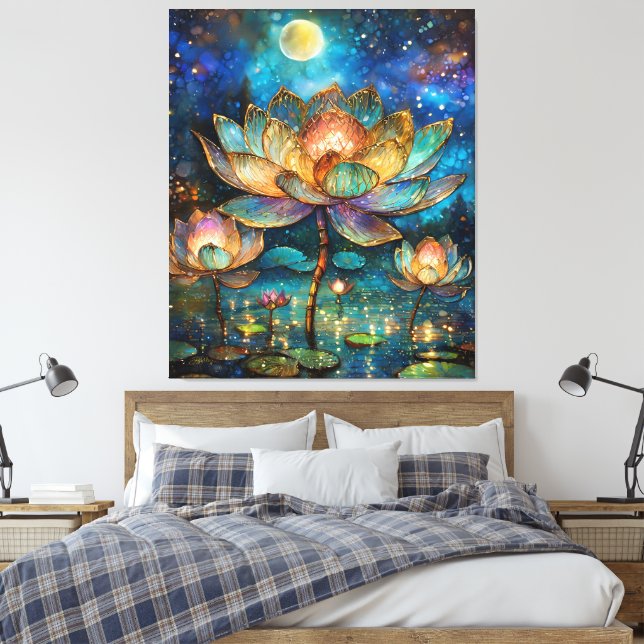 Stained Glass Lotus Blossoms in the Moonlight Canvas Print (Insitu(Bedroom))