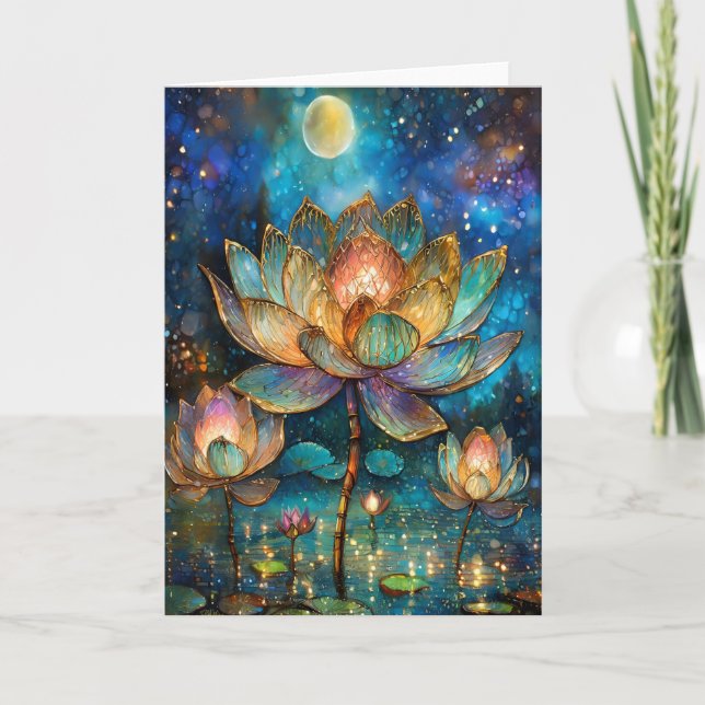 Stained Glass Lotus Blossoms in the Moonlight Card (Front)