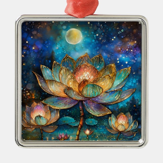 Stained Glass Lotus Blossoms in the Moonlight Metal Ornament (Front)
