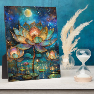 Stained Glass Lotus Blossoms in the Moonlight Plaque