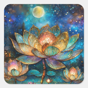 Stained Glass Lotus Blossoms in the Moonlight Square Sticker