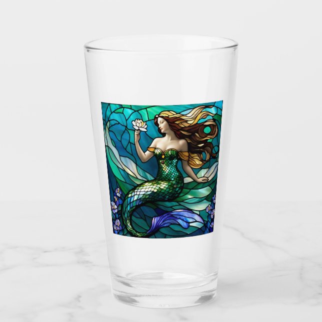 Stained glass mermaid admiring a flower (Front)