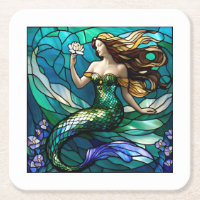 Stained glass mermaid admiring a flower