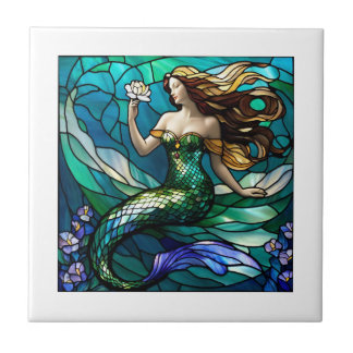 Stained glass mermaid admiring a flower tile