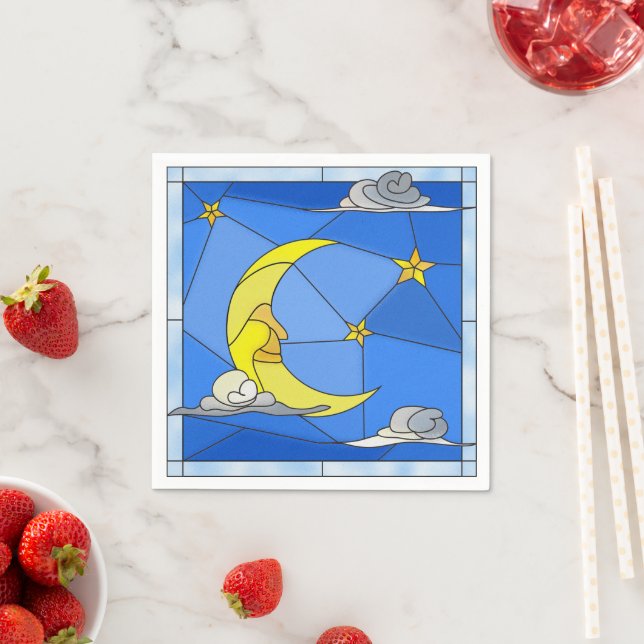 Stained Glass Moon, Stars, and Clouds Paper Napkin (Insitu)