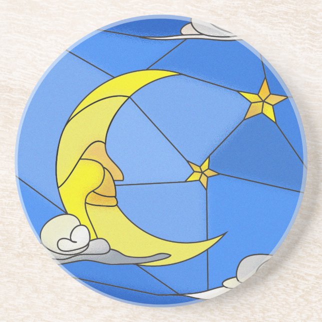 Stained Glass Moon, Stars, and Clouds sandstone Coaster (Front)