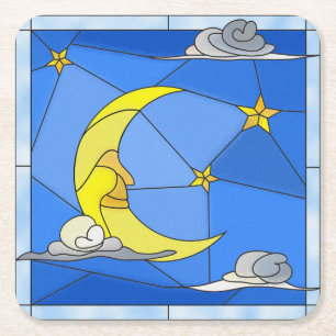 Stained Glass Moon, Stars, and Clouds Square Paper Coaster