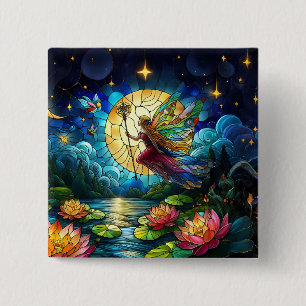 Stained Glass Moonlight Flight Fairy 2 Inch Square Button