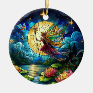 Stained Glass Moonlight Flight Fairy  Ceramic Ornament