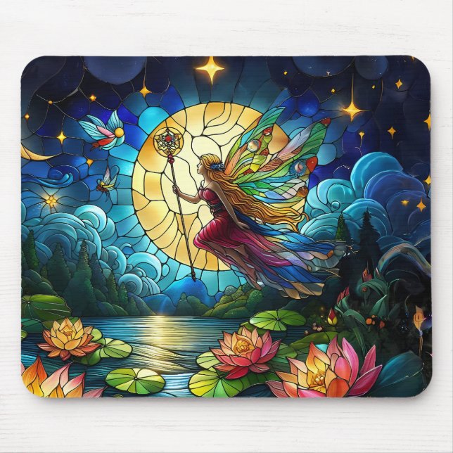 Stained Glass Moonlight Flight Fairy  Mouse Pad (Front)