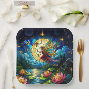 Stained Glass Moonlight Flight Fairy Paper Plate