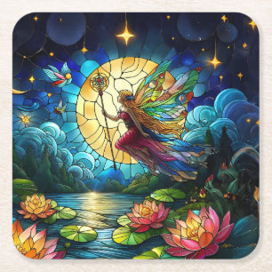 Stained Glass Moonlight Flight Fairy Square Paper Coaster