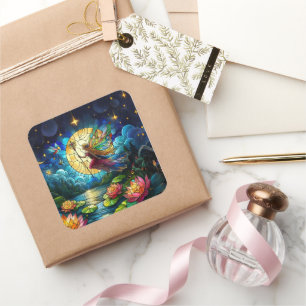 Stained Glass Moonlight Flight Fairy Square Sticker