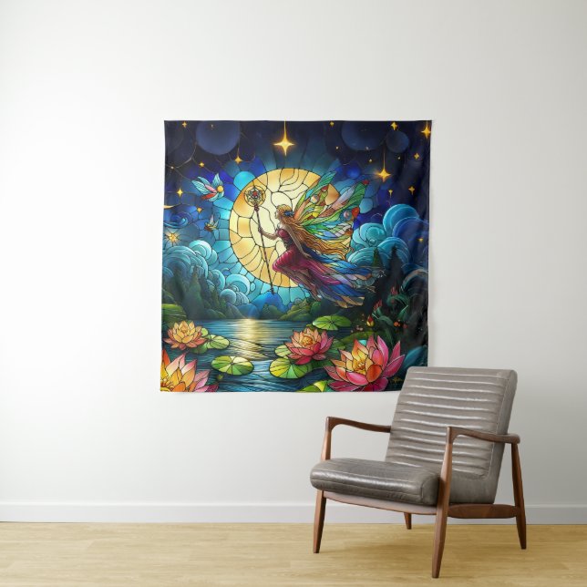Stained Glass Moonlight Flight Fairy  Tapestry (In Situ)