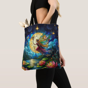 Stained Glass Moonlight Flight Fairy Tote Bag