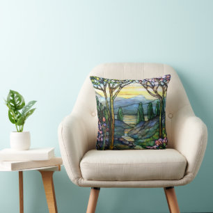 Stained Glass Mountains and Stream Throw Pillow