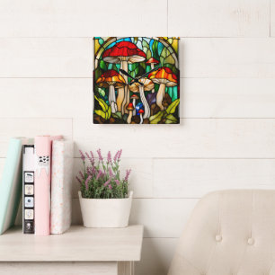 Stained Glass Mushroom Art Square Wall Clock