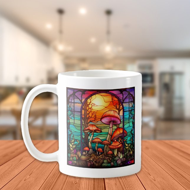 Stained Glass Mushrooms Toadstools Sunrise Coffee Mug (Stained-glass mushrooms mug)