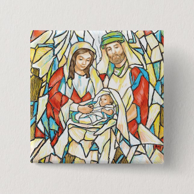 Stained Glass Nativity Painting 2 Inch Square Button (Front)